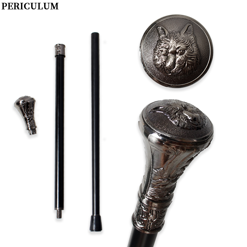 Detachable Cosplay Prop - ไม้เท้าแกะสลักหัวหมาป่าสีเงินโบราณพร้อมด้ามจับที่ถอดออกได้ ไม้เท้าวินเทจสำหรับคอสเพลย์สำหรับผู้ชายและผู้หญิง